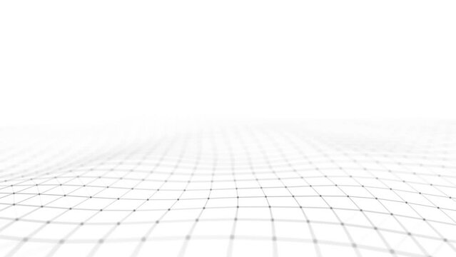 Abstract white wave with moving dots and lines. Flow of particles. Cyber technology illustration. 3d rendering.
