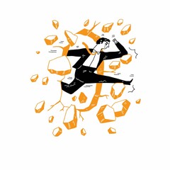 Businessman in office suit breaks down the wall as he runs to his goals