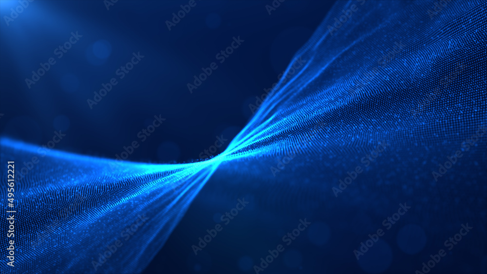 Poster line blue color, digital particle abstract background. 3d rendering