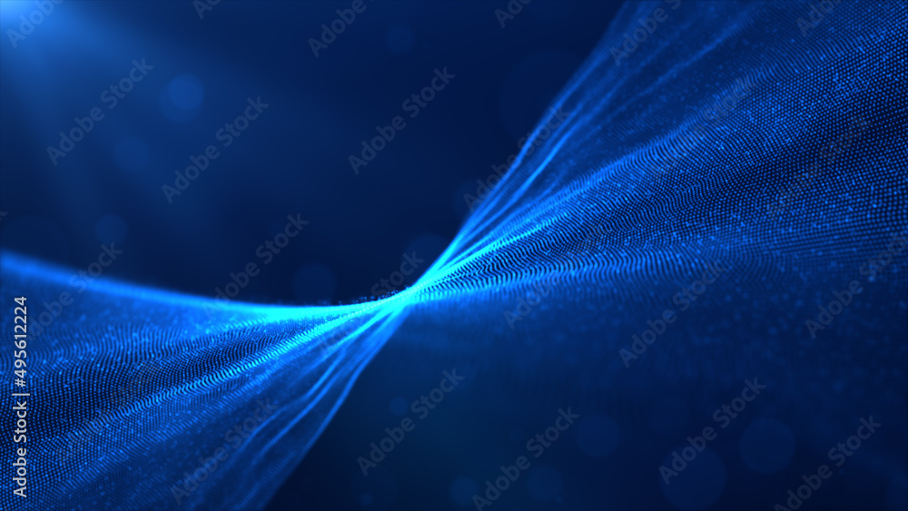 Poster line blue color, digital particle abstract background. 3d rendering