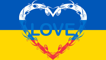 Flag of Ukraine with a large decorative heart in the colors of the russian flag and a word ''Love'' in the middle of it