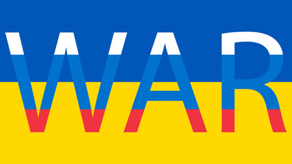 Flag of Ukraine with a word ''War'' in the middle of it in the colors of the russian flag