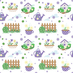 Seamless vector pattern on white background wooden fence with plants, purple garden watering can, house for insects and birds, flower pot cup with yellow and blue flowers, green leaves. Drawing style