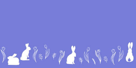 Easter spring background with rabbids silhouettes and tulips seamless pattern. Vector illustrations on blue iris background for web banner and poster design.