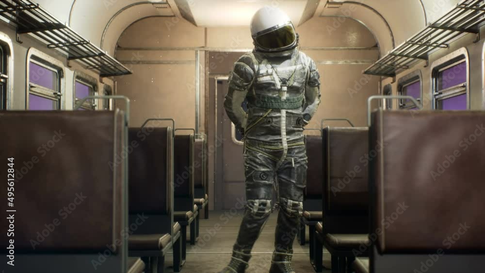 Wall mural the astronaut is bashful, on an interstellar space train hurtling at superluminal speed. the concept