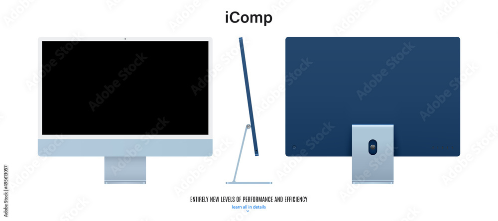 Poster computer monitor blue color with black screen saver front, back and side view isolated on white back
