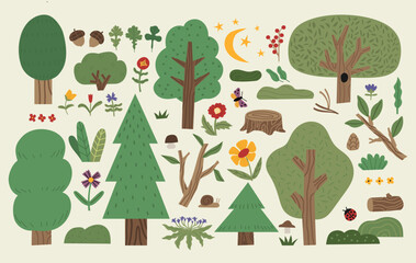 Collection of various forest trees and plants. Simple cute botanical set. Vector hand drawn illustration.
