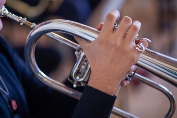 Trumpet musician, orchestras and fanfare music artists - obrazy, fototapety, plakaty