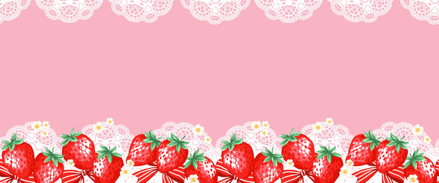 かわいいイチゴとレースのイラスト背景デザイン　横向きシームレスデザイン　Seamless strawberry pattern.