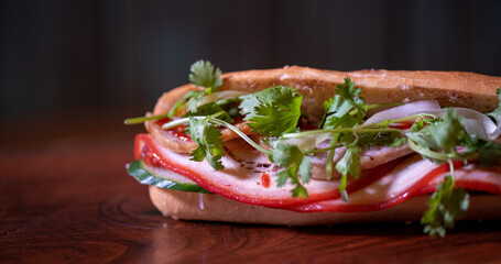 Banh Mi Sandwich aus Vietnam als Street Food vom Foodtruck auf einem Straßenfest für die Hand in Vietnam