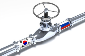 Gas pipeline, flags of South Korea and Russia - 3D illustration