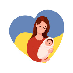 Cartoon vector illustration mother holds her newborn baby. Ukrainian refugees. Ukrainian flag in the heart. War in Ukraine. 