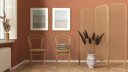 Modern wooden living room in orange tones, lounge, waiting room with rattan chair and booth. Herringbone parquet floor, window with shutters and decors. Scandinavian interior design
