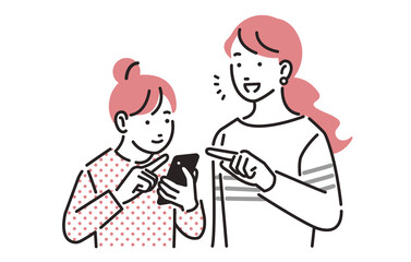 スマホデビューした女の子に操作方法を教えるお母さん