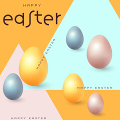Festive Easter horizontal banner. Realistic 3d design elements. Realistic-looking easter eggs. Promotion, poster, flyer, article, postcard, web banner, invitation template. Easter vector background.