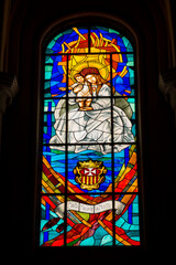 Stained glass windows of Almudena Cathedral in Madrid, Spain. 