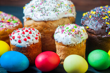 delicious Easter cake with colored eggs for the religious holiday Easter in spring in April