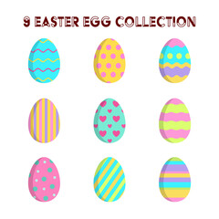 Set of nine Vector Easter eggs collection. Multicolor eggs with shadow.