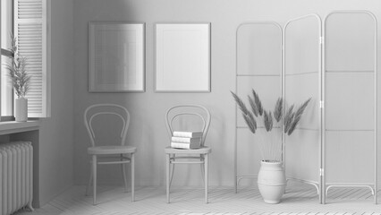 Total white project draft, modern wooden living room, lounge, waiting room with rattan chair and booth. Herringbone parquet floor, window with shutters. Scandinavian interior design