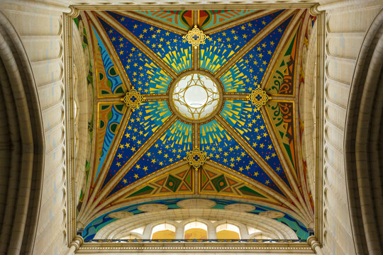 Interior of the square cupola of Almudena Cathedral in Madrid, Spain. 