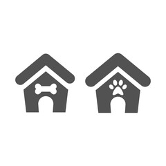 Dog house with paw and bone. Simple black filled vector icon set.