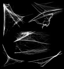 Überlagern Sie den Spinnennetzeffekt. Eine Sammlung von Spinnweben isoliert auf schwarzem Hintergrund. Spinnennetzelemente als Dekoration zum Design. Halloween-Requisiten © OleJohny