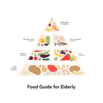 Healthy food plate guide for elder concept. Vector flat illustration. Pyramid infographic chart with recommendation for senior adult diet. Colorful meat, fruit, vegetables and grains icon set.