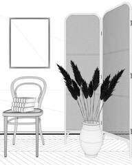 Blueprint project draft, modern wooden living room, lounge, waiting room with rattan chair and booth. Parquet floor, vase with straws ears and decors. Frame mockup, interior design