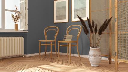 Contemporary wooden living room in gray tones, lounge, waiting room with rattan chair and booth. Herringbone parquet floor, window with shutters and decors. Modern interior design