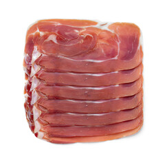 Sliced Spanish raw ham, serrano ham, close up isolated  on white background