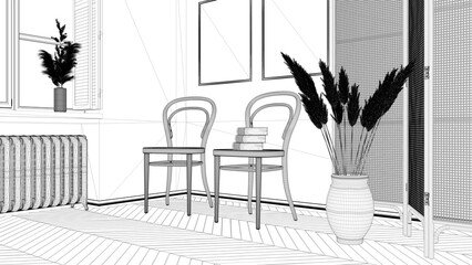 Blueprint project draft, contemporary wooden living room, lounge, waiting room with rattan chair and booth. Herringbone parquet floor, window with shutters. Modern interior design