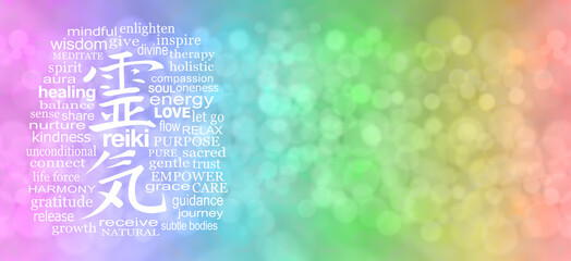 Reiki Rainbow Healing Word Cloud Message Banner - wide  graduated pink blue green yellow orange red bokeh colours and a Reiki Kanji symbol surrounded by relevant words on left and copy space on right
 - obrazy, fototapety, plakaty