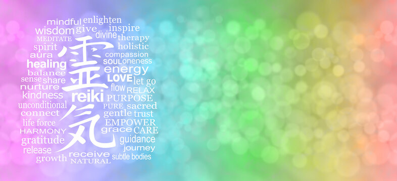 Reiki Rainbow Healing Word Cloud Message Banner - wide  graduated pink blue green yellow orange red bokeh colours and a Reiki Kanji symbol surrounded by relevant words on left and copy space on right
