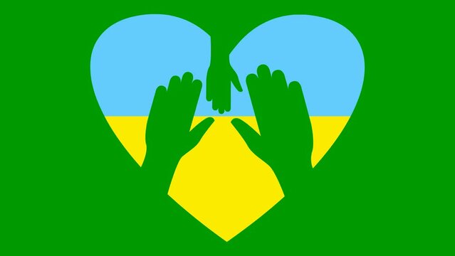 Animated yellow-blue pounding heart with hand. Yellow and blue flag of Ukraine in the shape of a heart. Looped video of beating heart. Concept of life of ukraine people, life of children. Vector illus