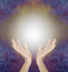 Healing Touch Hands and Light Message Background - female hands reaching up into pale gold light...