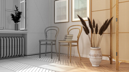 Architect interior designer concept: hand-drawn draft unfinished project that becomes real, wooden living room, lounge, waiting room with rattan chair and booth. Parquet floor