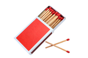Open full box of matches on white background. two more wood match stick near the match box with...