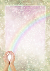 Faith Healers golden rainbow Border Template Background - female hands with cupped hands  and a rainbow at bottom left and copy space above ideal for  advert, Certificate, Diploma or Award 