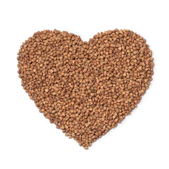 Kasha, roasted buckwheat, in heart shape isolated on white background