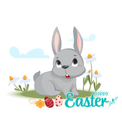 A cute little rabbit in the grass with Easter attributes and a text composition. Vector illustration. Flyer, card, postcard, poster.