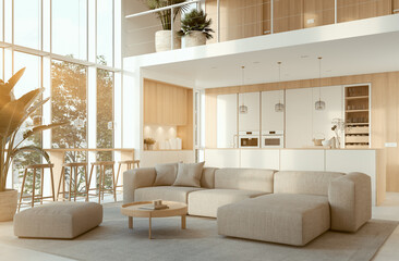 3D Illustration. Modern kitchen in loft apartment. - 495617018