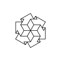 3d symmetrical line art design of several block arrows pointing in all directions. Geometric black outline shapes on a white background.