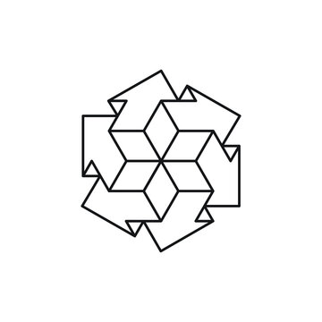 recommend clip art: 3d symmetrical line art design of several block arrows pointing in all directions. Geometric black outline shapes on a white background.