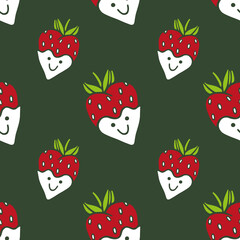 Cute funny pattern of cartoon strawberries with smiling face. Seamless vector summer pattern with berries. Hand-drawn illustrations in the style of doodles. Isolated. For textiles, wrapping paper.