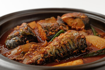 stewed mackerel on a white background