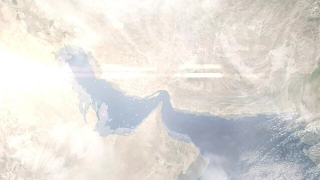 Earth zoom in from outer space to city. Zooming on Bandar Abbas, Hormozgan, Iran. The animation continues by zoom out through clouds and atmosphere into space. Images from NASA