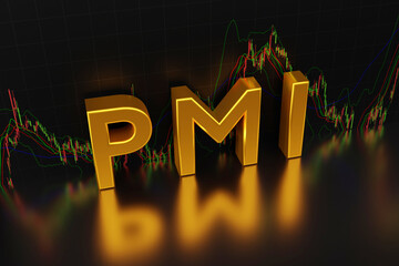 Purchasing Managers Indexes - pmi  sign in gold letters on the background of a chart of oil from the Forex market with Japanese candlesticks with reflection, 3D rendering