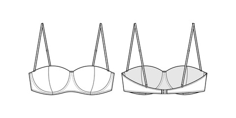 Fashion technical drawing of balconette bra. Brassiere fashion flat sketch 
