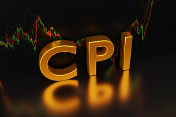 Consumer price index - cpi sign in gold letters on the background of a chart of oil from the Forex market with Japanese candlesticks with reflection, 3D rendering