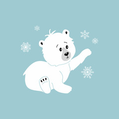 Cute funny polar bear baby. Cartoon characters for kids. Hand drawn vector illustration isolated on blue background with snowflakes. Modern trendy flat style.